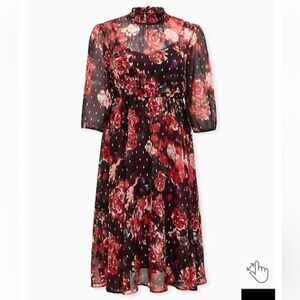 Burgundy Purple Floral Chiffon Mock Neck Midi Dress